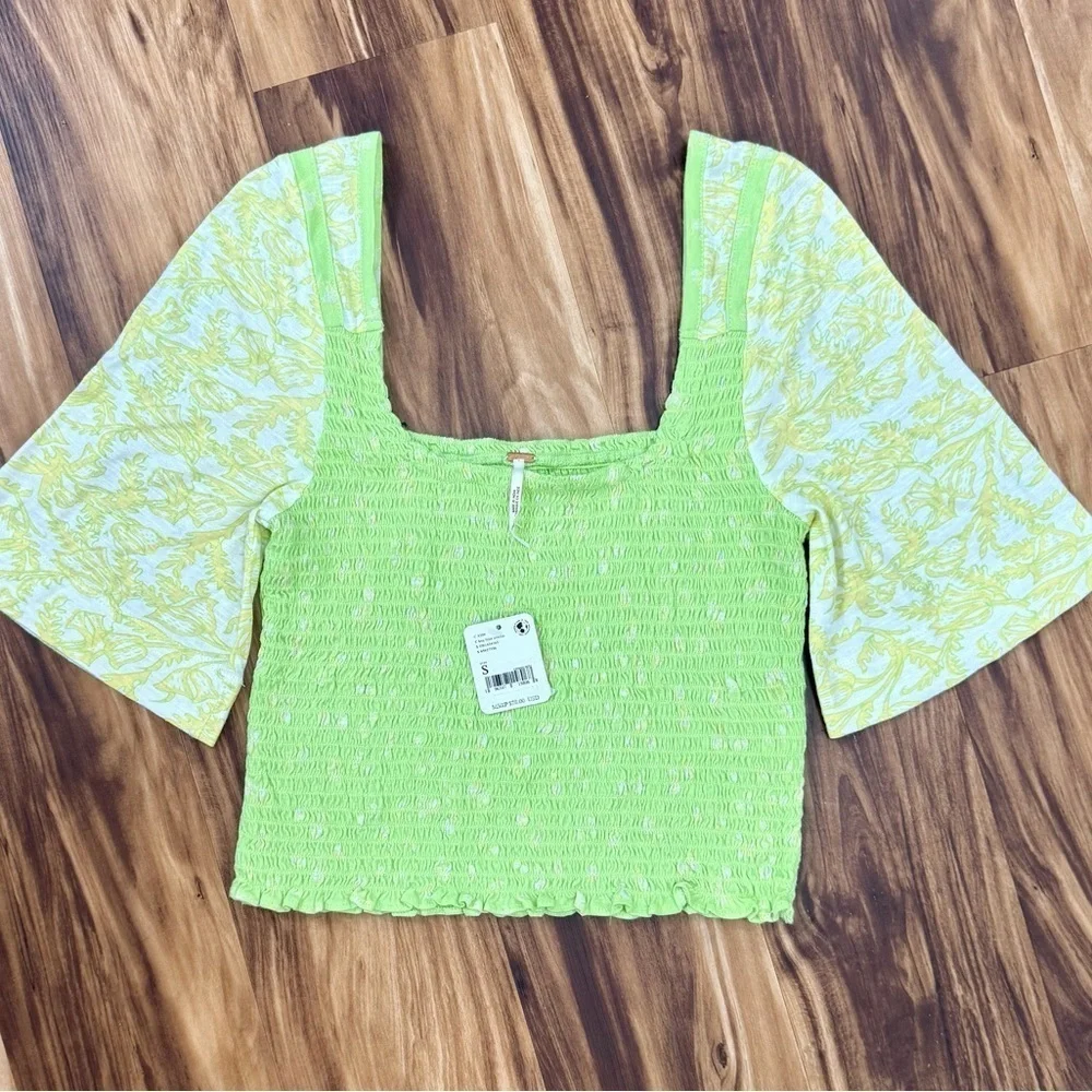 New Free People Key Lime Smocked Marigold Top